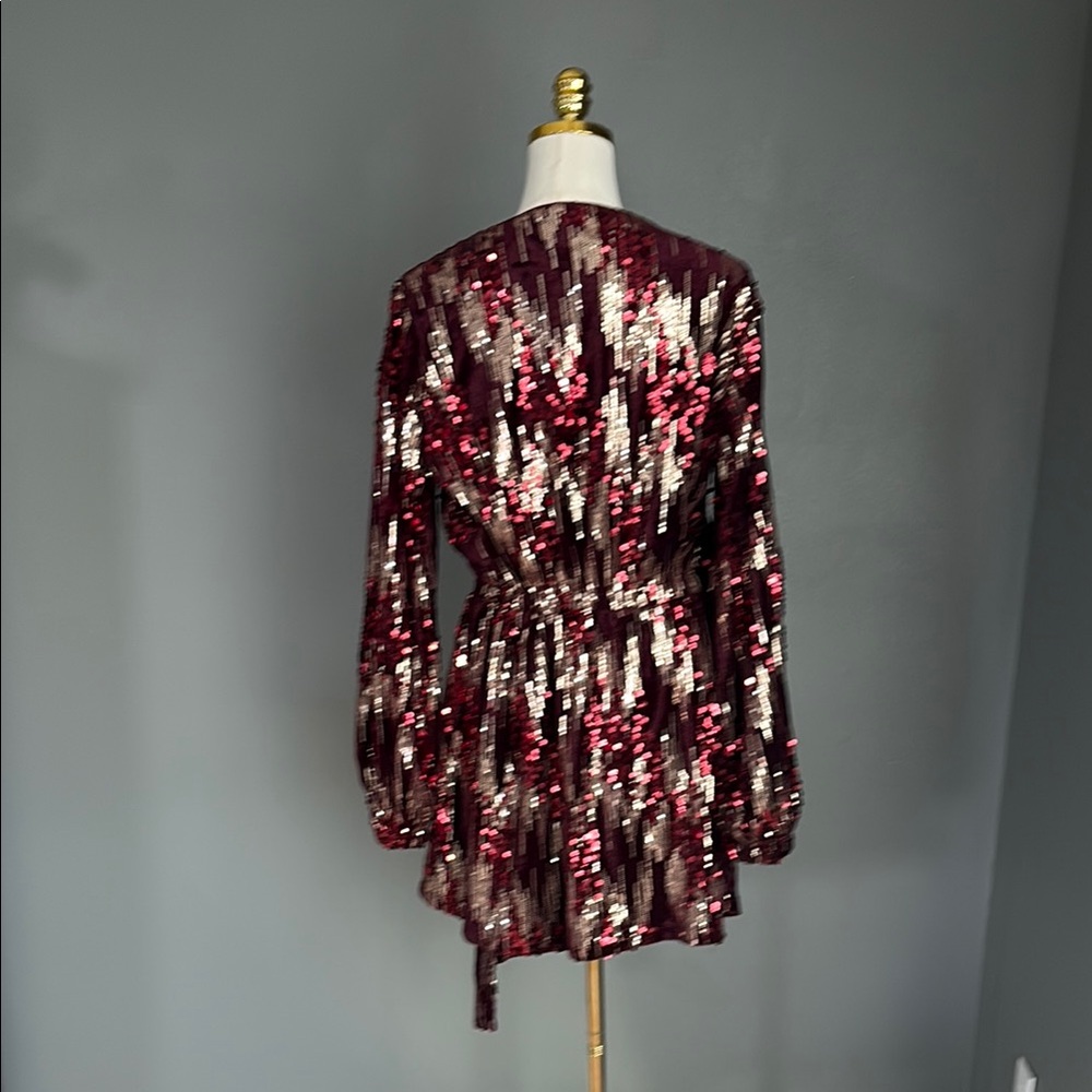Lena Elegant Burgundy Sequin Wrap Dress - Picture 5 of 8